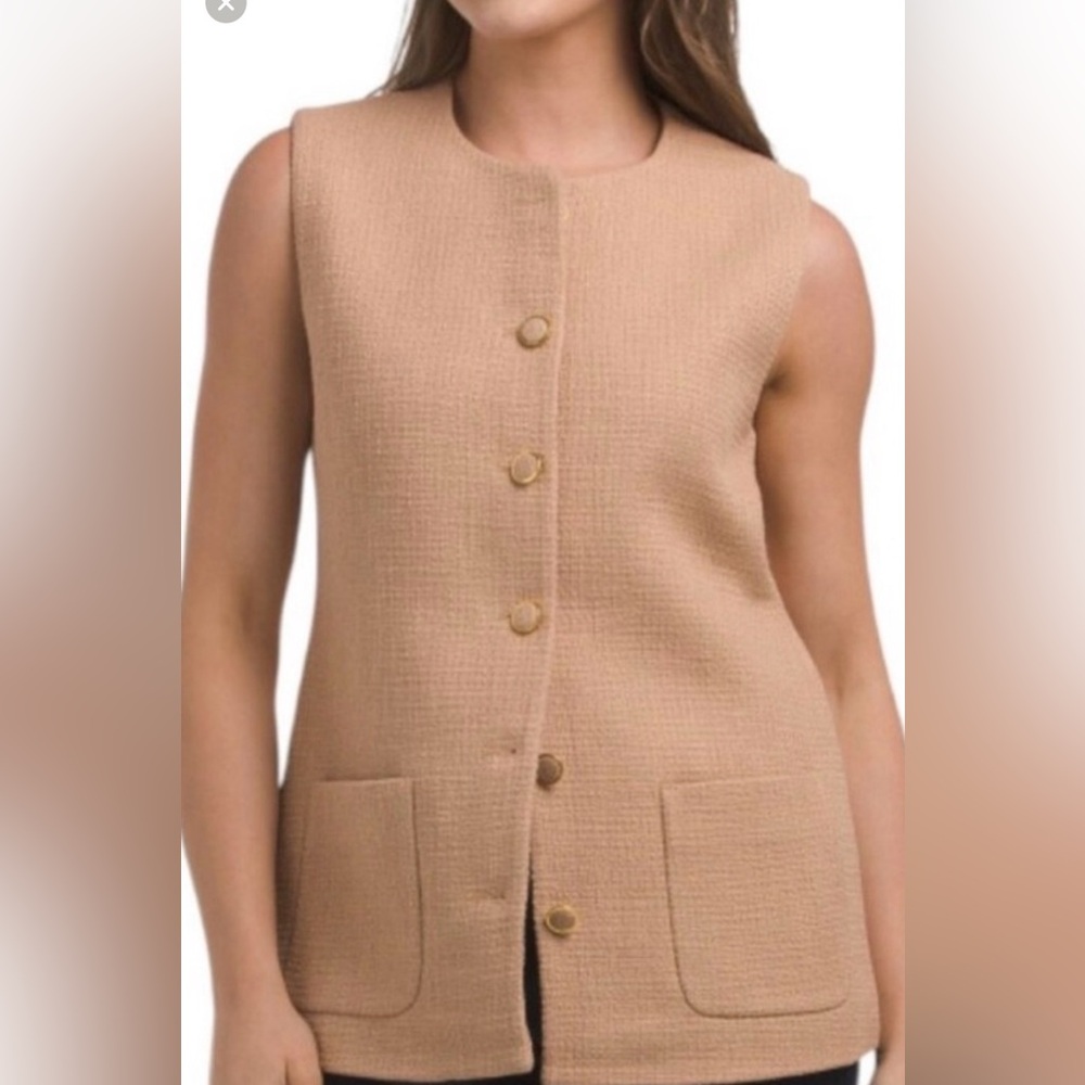 Elie Tahari Camel Tan Textured Sleeveless Button Front Vest